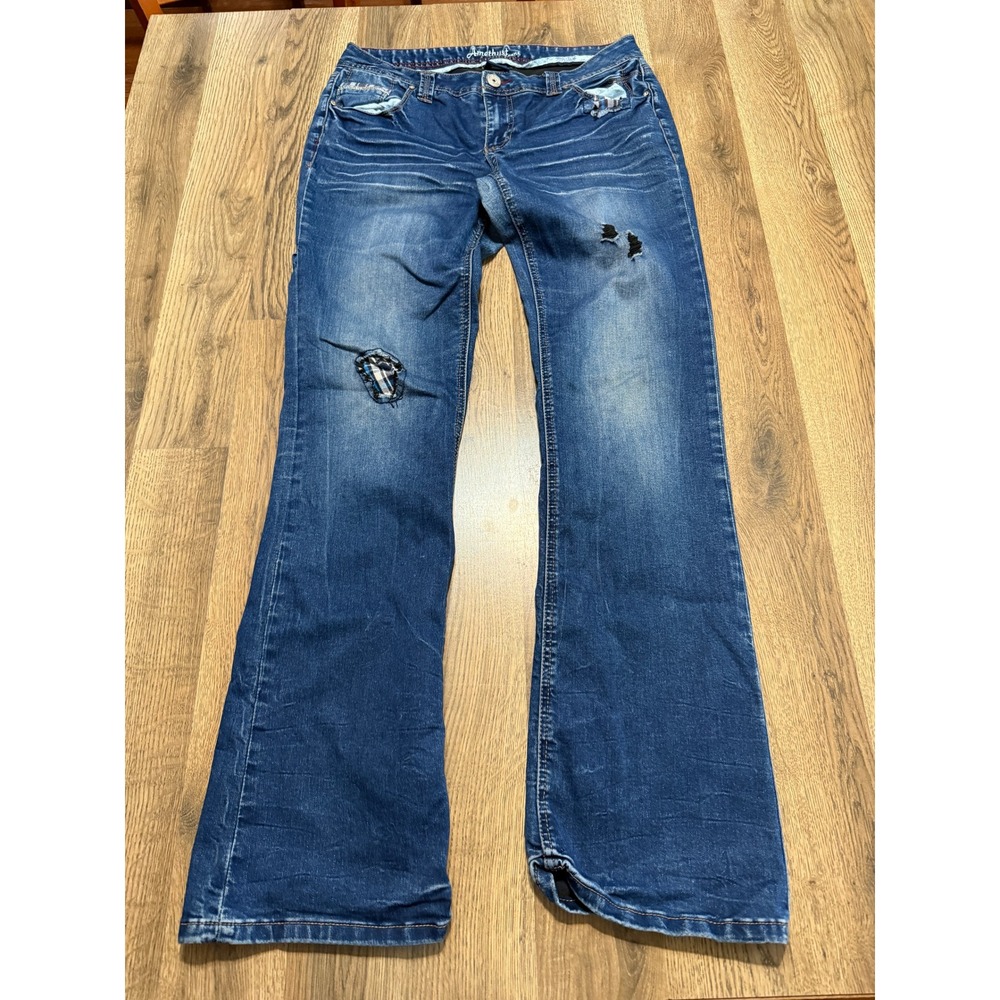 Amethyst Jeans Flare Leg Womens 11 Blue Juniors Distressed Plaid Patch Good